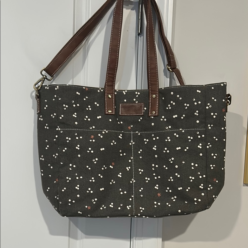 Maika Brown and White Tote Bag with dot Print
